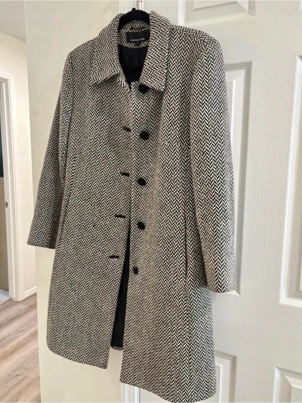 Jones New York Black and White Herringbone Pea Coat